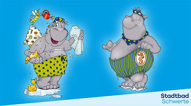 Cartoon eines lächelnden Nilpferds mit Taucherbrille und gestreifter Badehose mit Seepferdchen-Abzeichen rechts sowie stilisiertes Nilpferd in Badehose und mit Wasserspielzeug links auf blauem Hintergrund mit Schriftzug "Stadtbad Schwerte"