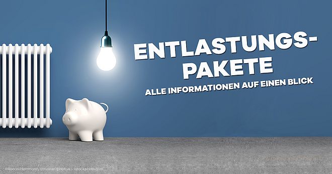 Sparschwein unter einer leuchtenden Glühbirne neben einem Heizkörper mit Schriftzug "Entlastungspaketen für Gas- und Strompreisbremse und Dezember-Soforthilfe" auf blauer Wand