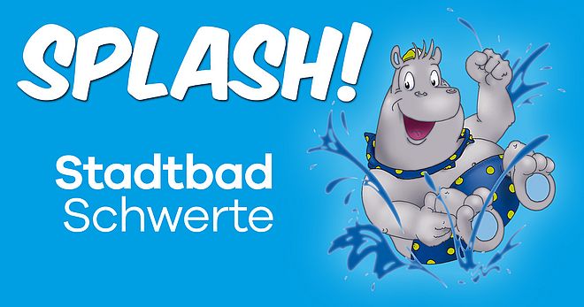 Fröhliches Nilpferd in blauer Badehose mit gelben Punkten springt ins Wasser, daneben der Schriftzug 'SPLASH! Stadtbad Schwerte'