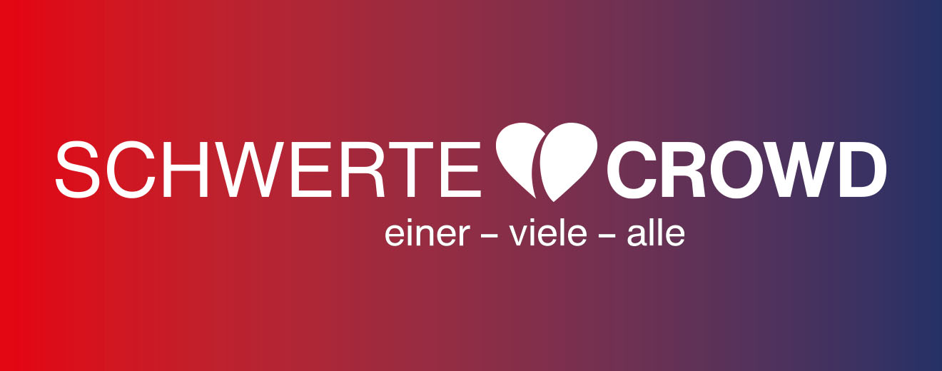 Weißer Schriftzug "Schwerte Crowd. Einer-viele-alle" und ein Herzsymbol auf rotem Hintergrund