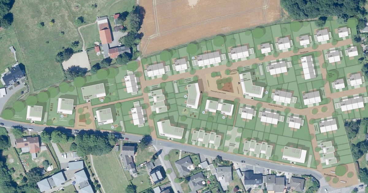 Farbige Bauskizze des geplanten Bebauungsplans Auf der Ostenheide