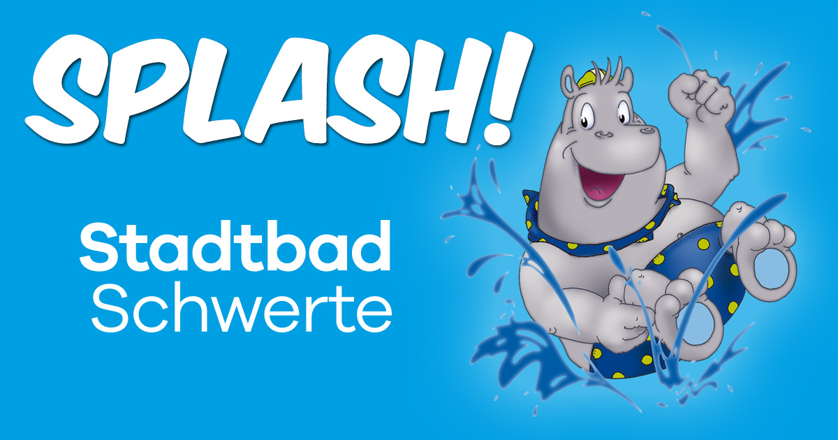 Fröhliches Nilpferd in blauer Badehose mit gelben Punkten springt ins Wasser, daneben der Schriftzug 'SPLASH! Stadtbad Schwerte'