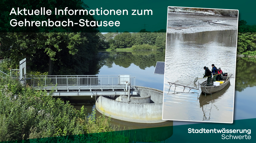 Gehrenbach-Stausee mit ruhiger Wasserfläche und Wald im Hintergrund, ein kleines Boot mit zwei Personen auf dem Wasser, Beschriftung 'Aktuelle Informationen zum Gehrenbach-Stausee' und 'Stadtentwässerung Schwerte'
