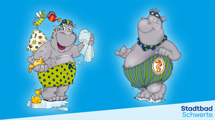 Cartoon eines lächelnden Nilpferds mit Taucherbrille und gestreifter Badehose mit Seepferdchen-Abzeichen rechts sowie stilisiertes Nilpferd in Badehose und mit Wasserspielzeug links auf blauem Hintergrund mit Schriftzug "Stadtbad Schwerte"