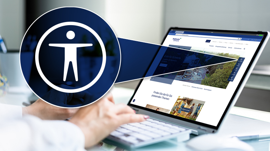 Es ist ein Laptop zu sehen vor dem ein Mensch sitzt. Auf dem Bildschirm sieht man symbolhaft die Website der Stadtwerke Schwerte und groß im Vordergrund ein Icon mit einer Person, das die Barrierefreiheit symbolisiert