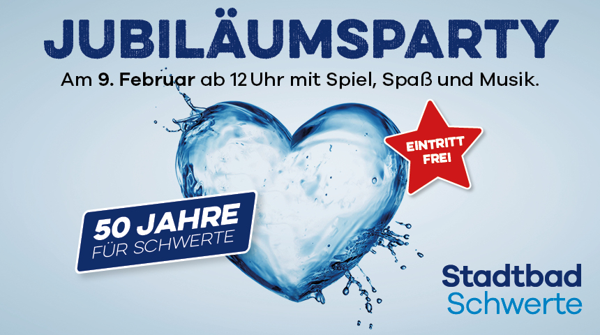 Jubiläumsparty am 9. Februar mit freiem Eintritt, 50 Jahre für Schwerte, Wasserherz-Symbol