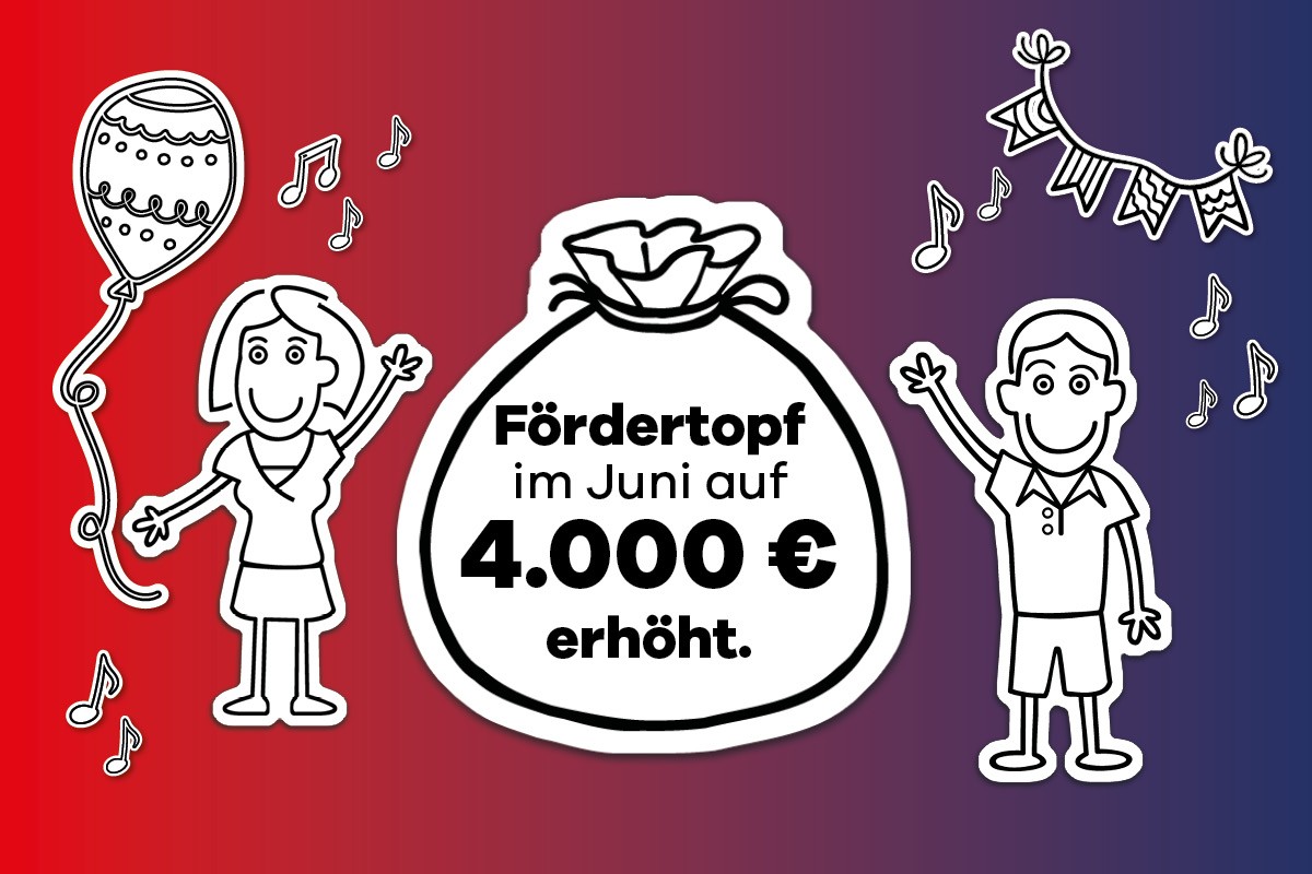 Stilisierter Geldsack mit Text 'Fördertopf im Juni auf 4.000 € erhöht' zwischen zwei gezeichneten Figuren, einem Mädchen mit Ballon und einem Jungen, umgeben von Musiknoten und Girlanden als Symboldbild für die Schwerte Crowd