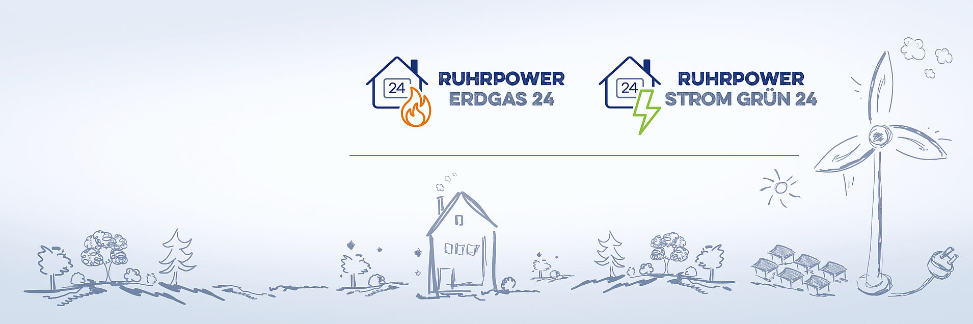 Logo Ruhrpower Erdgas 24 und Ruhrpower Stromgrün 24, darunter eine Skizze eines Hauses, umgeben von Bäumen und einer Windkraftanlage