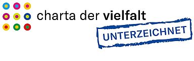Logo der charta der vielfalt - Förderung von Vielfalt in Unternehmen und Institutionen, mit einem Stempel unterzeichnet