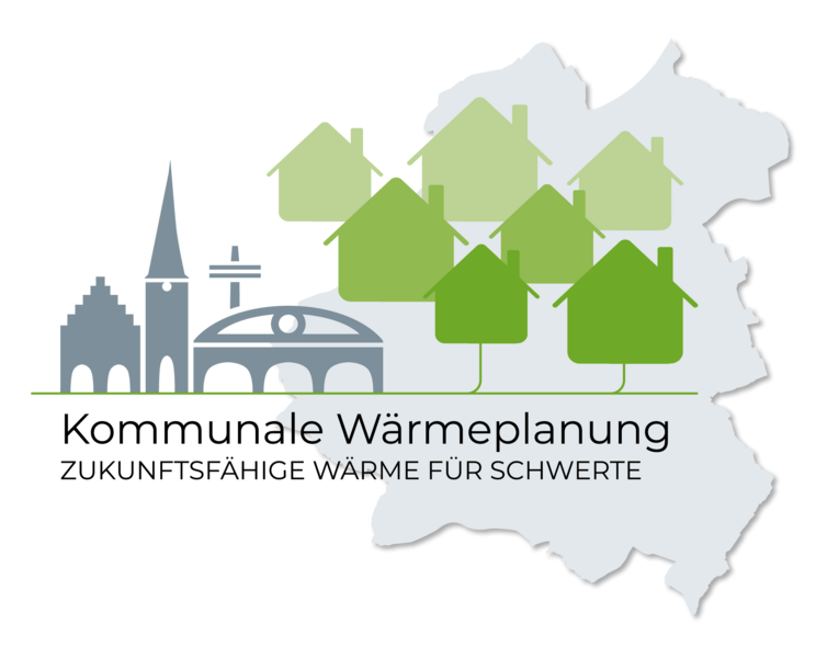 Logo der Kommunalen Wärmeplanung Schwerte: Links eine stilisierte Skyline von Schwerte, rechts daneben sieben grüne Häuser vor dem Kartenumriss der Stadt Schwerte. Darunter der Schriftzug: Kommunale Wärmeplanung. Zukunftsfähige Wärme für Schwerte.