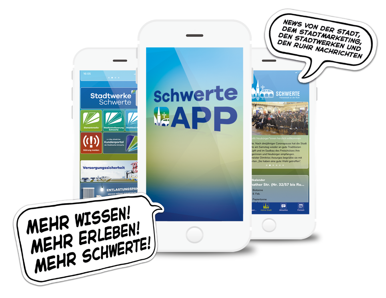 Die Schwerte APP Drei Handydisplays zeigen die Inhalte der Schwerte APP