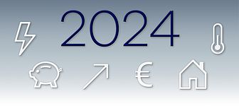 Zahl 2024 in der Mitte. Umgeben von linearen Symbolen: ein Haus, ein Sparschwein, ein Blitz, ein Thermostat, ein nach oben rechts zeigender Pfeil und ein Eurozeichen