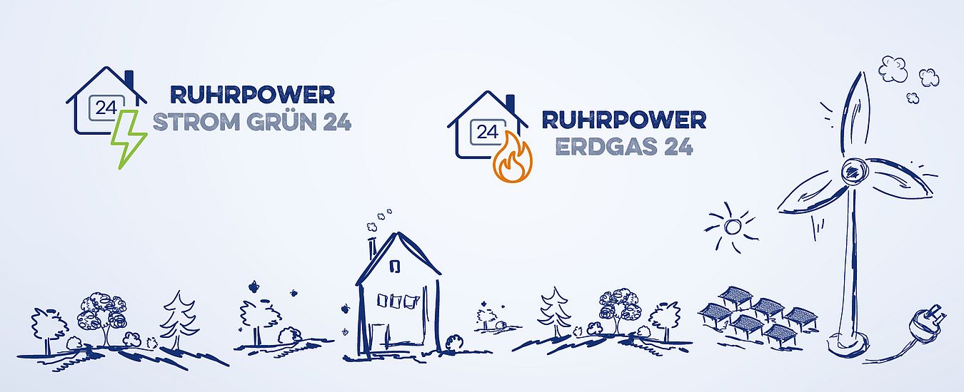 Logo „Ruhrpower Erdgas 24“  und „Ruhrpower Stromgrün 24“, darunter eine Skizze eines Hauses, umgeben von Bäumen und einer Windkraftanlage