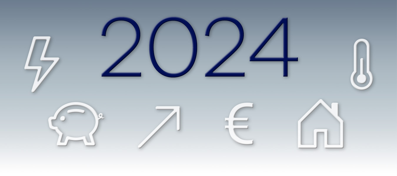Zahl 2024 in der Mitte. Umgeben von linearen Symbolen: ein Haus, ein Sparschwein, ein Blitz, ein Thermostat, ein nach oben rechts zeigender Pfeil und ein Eurozeichen