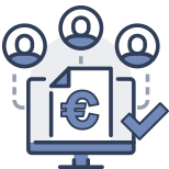 Ein Computerbildschirm, das das Euro-Zeichen zeigt sowie drei stilisierte Personen-Icons als Symbol für Leistungsprämien. Computerbildschirm mit einem Euro-Zeichen und drei stilisierten Personen-Icons – symbolisiert finanzielle Leistungsprämien