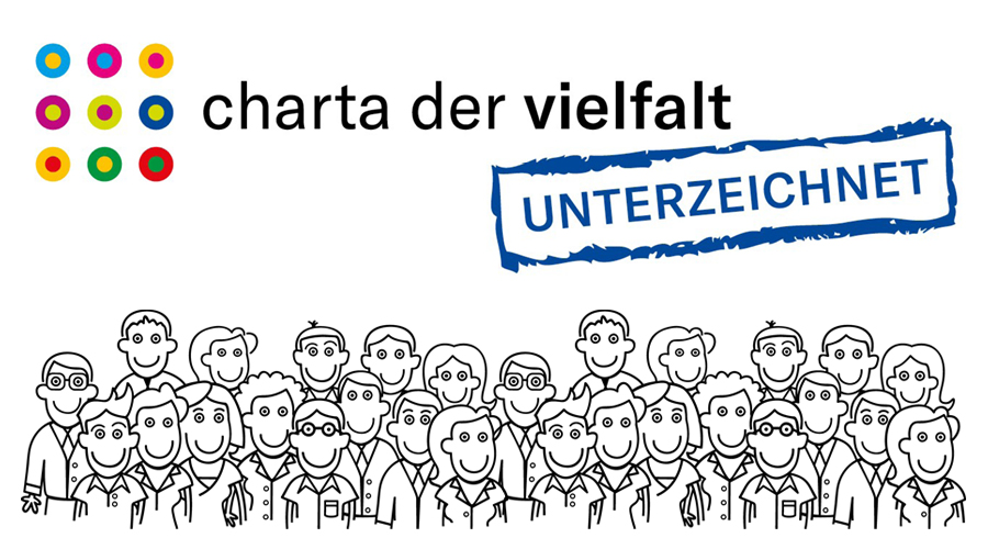 Diversity: Wir sind Teil der Charta der Vielfalt Das Logo der Charta der Vielfalt mit einem Siegel auf dem steht unterzeichnet